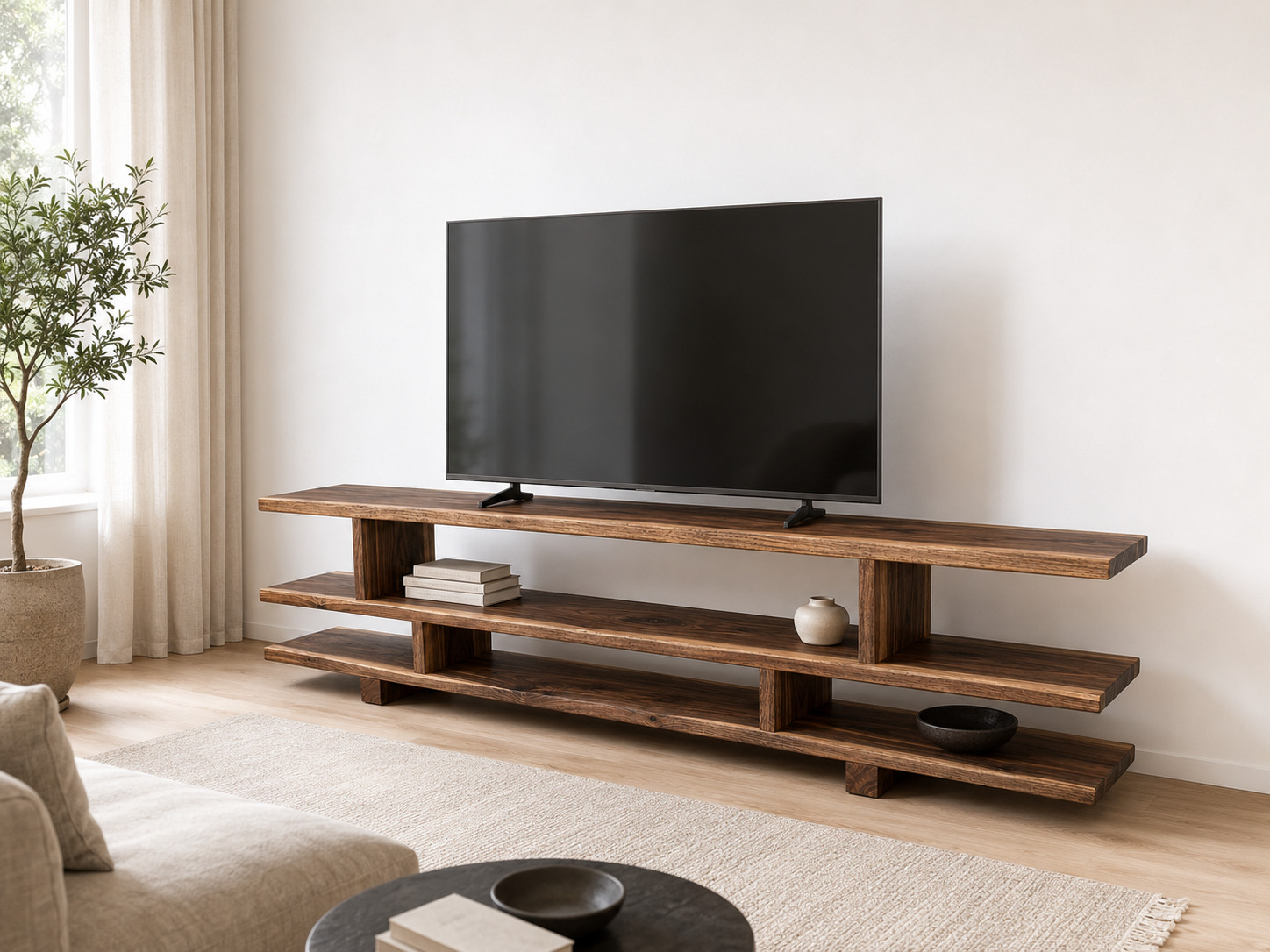 Solid wood TV stand in a calm living room