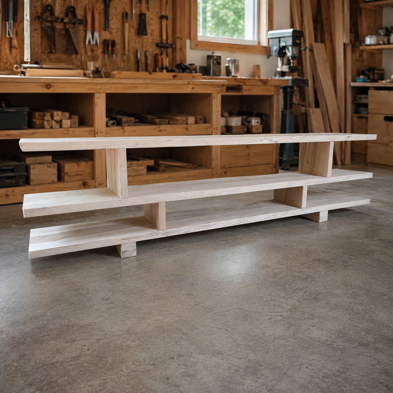 Pale maple media unit in a workshop
