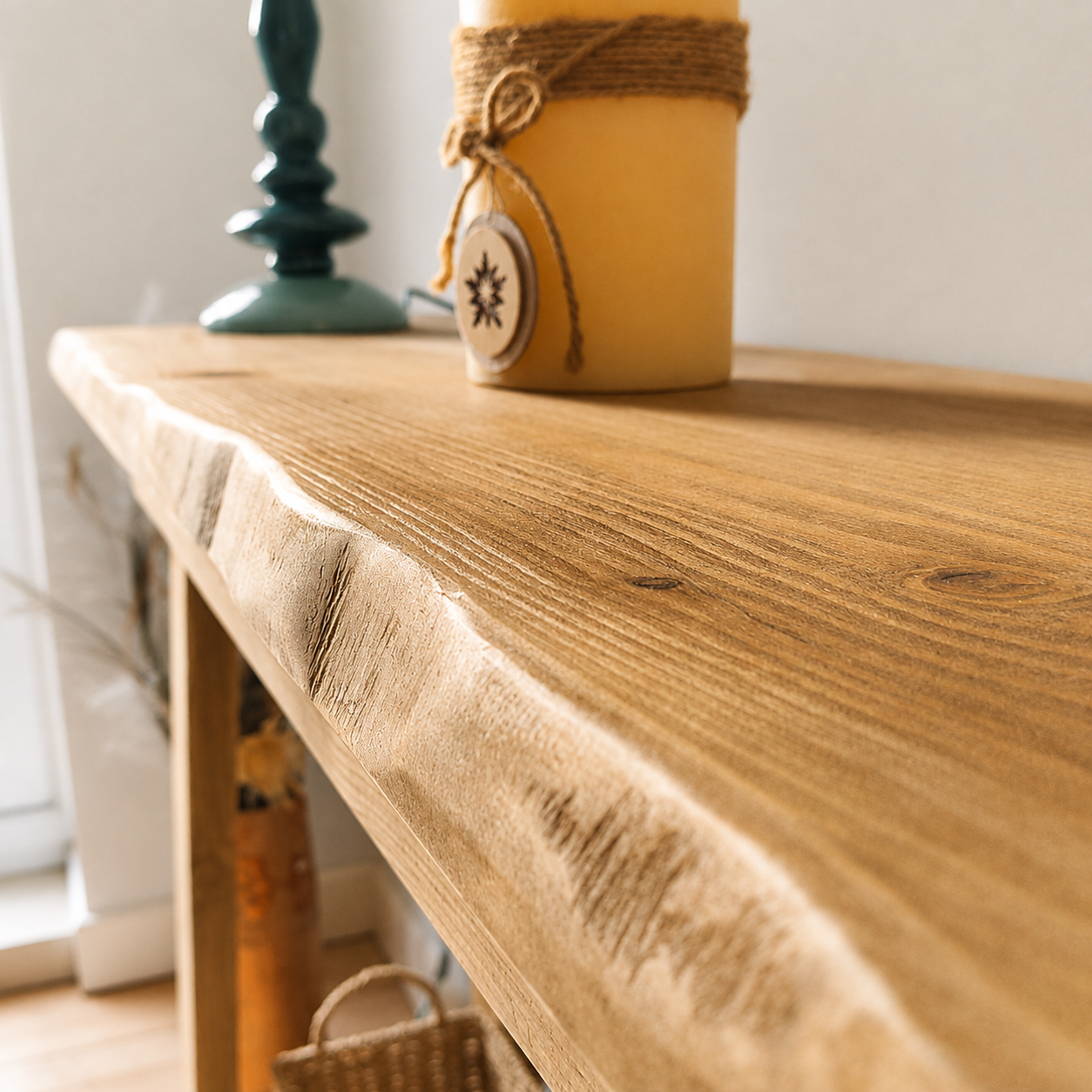 Handmade pine console table detail with warm rustic grain