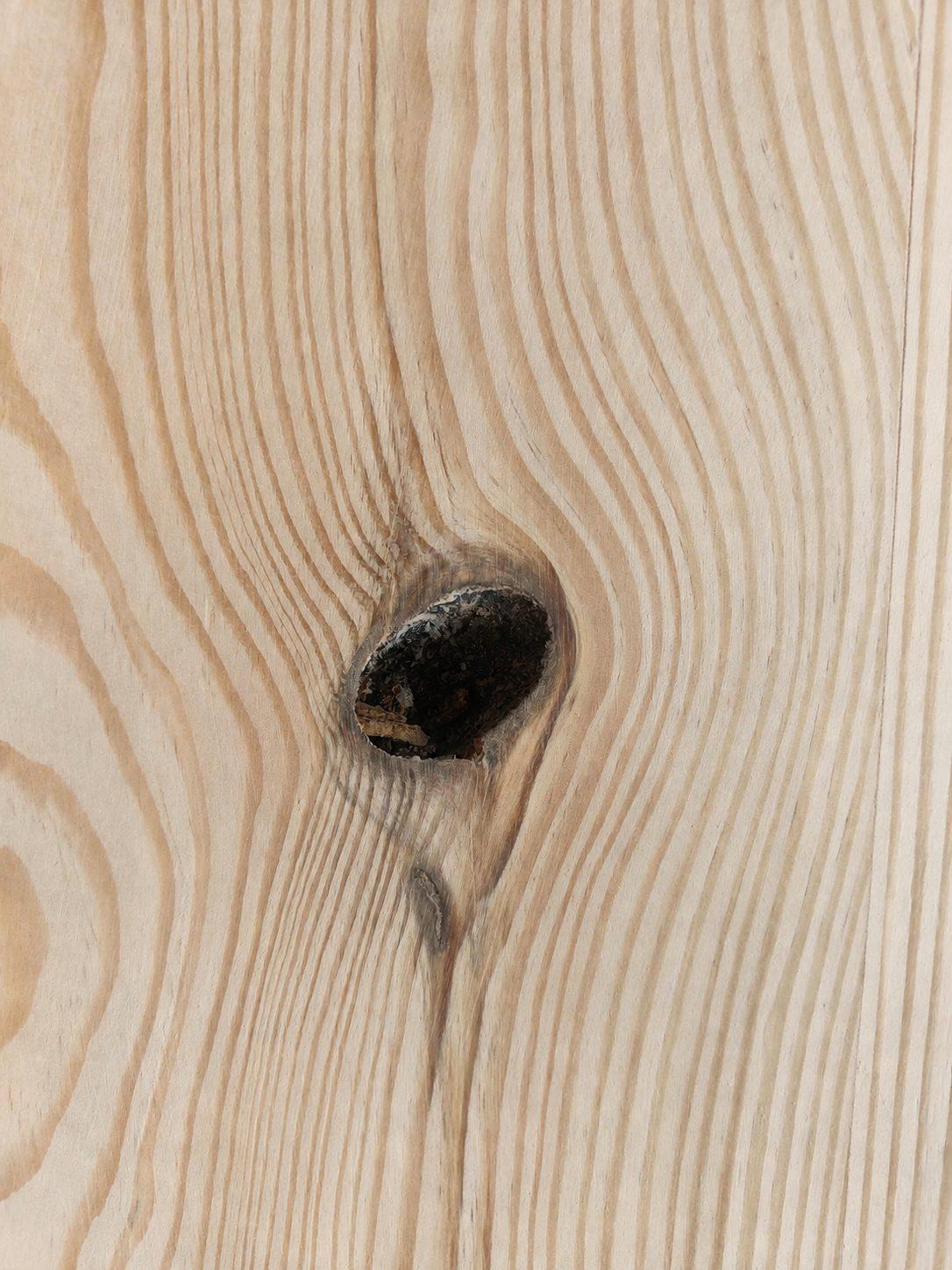 Open natural knot pocket in new pine selected for a concealed non-structural surface