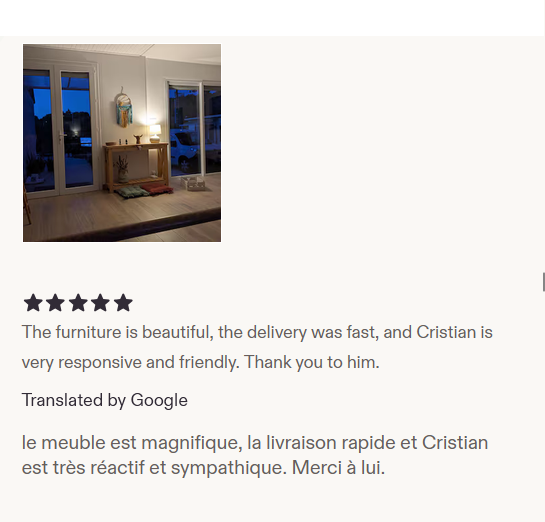 Redacted customer feedback screenshot with a photo of handmade furniture in a home