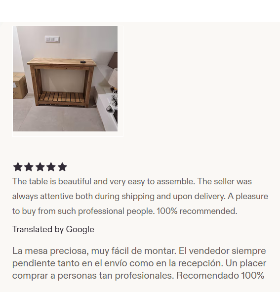 Redacted customer feedback screenshot with a photo of a handmade console table