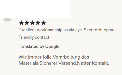 Redacted customer feedback screenshot praising workmanship and secure shipping