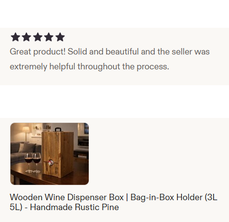 Redacted customer feedback screenshot with a photo of a handmade wooden wine dispenser