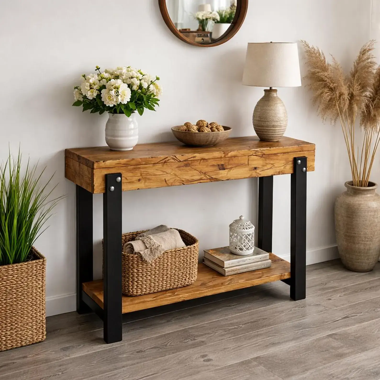 Solid pine console table in a rustic industrial-inspired finish