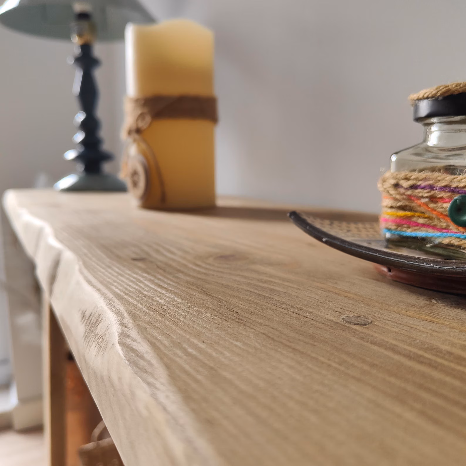 Rustic console table top with hand-finished natural edge detail