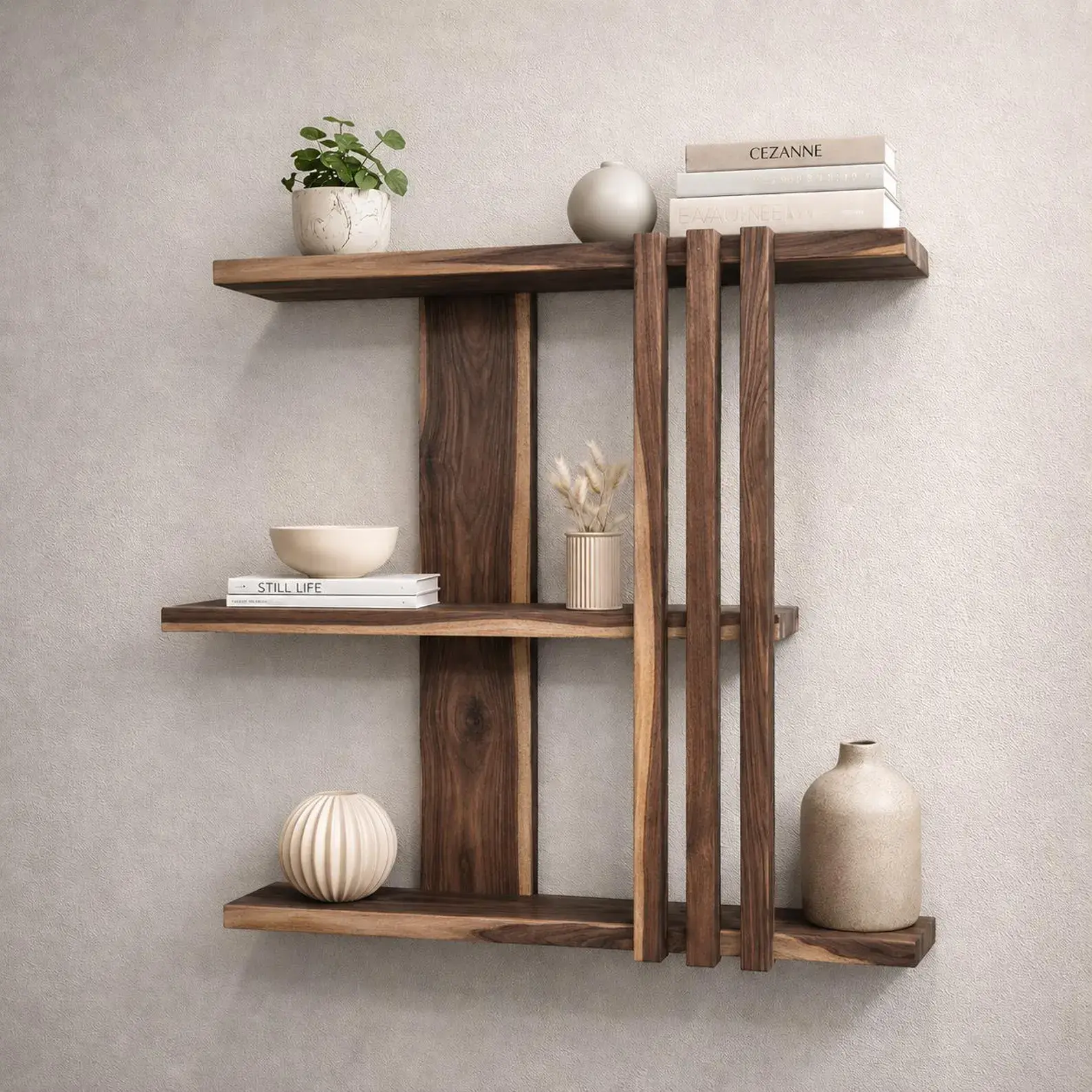 Geometric walnut display shelf with vertical slat detailing