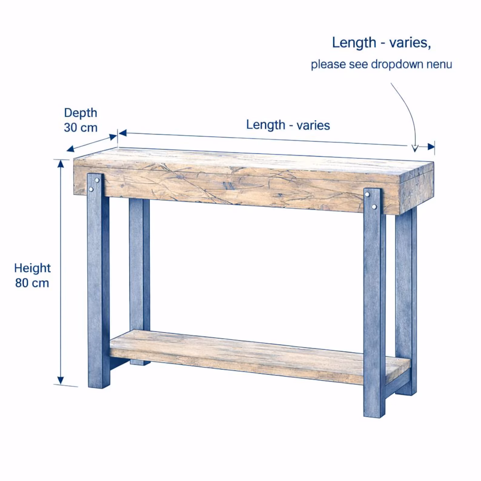 Dimensions of the all-wood pine console table with lower shelf