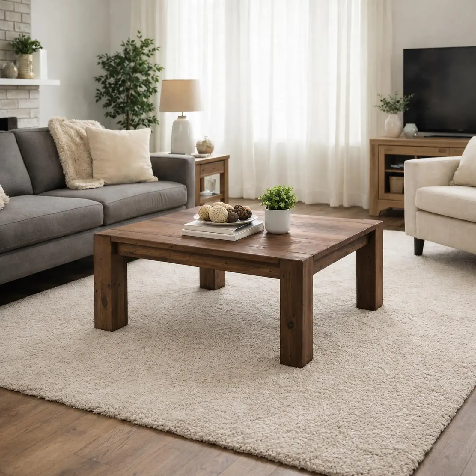 Square solid walnut coffee table styled with books and a green plant