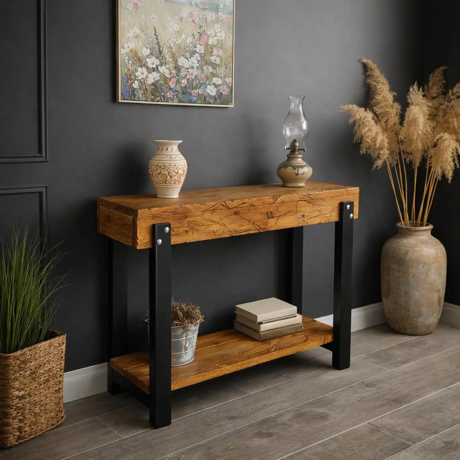 Solid wood entryway table with thick pine top and lower storage shelf