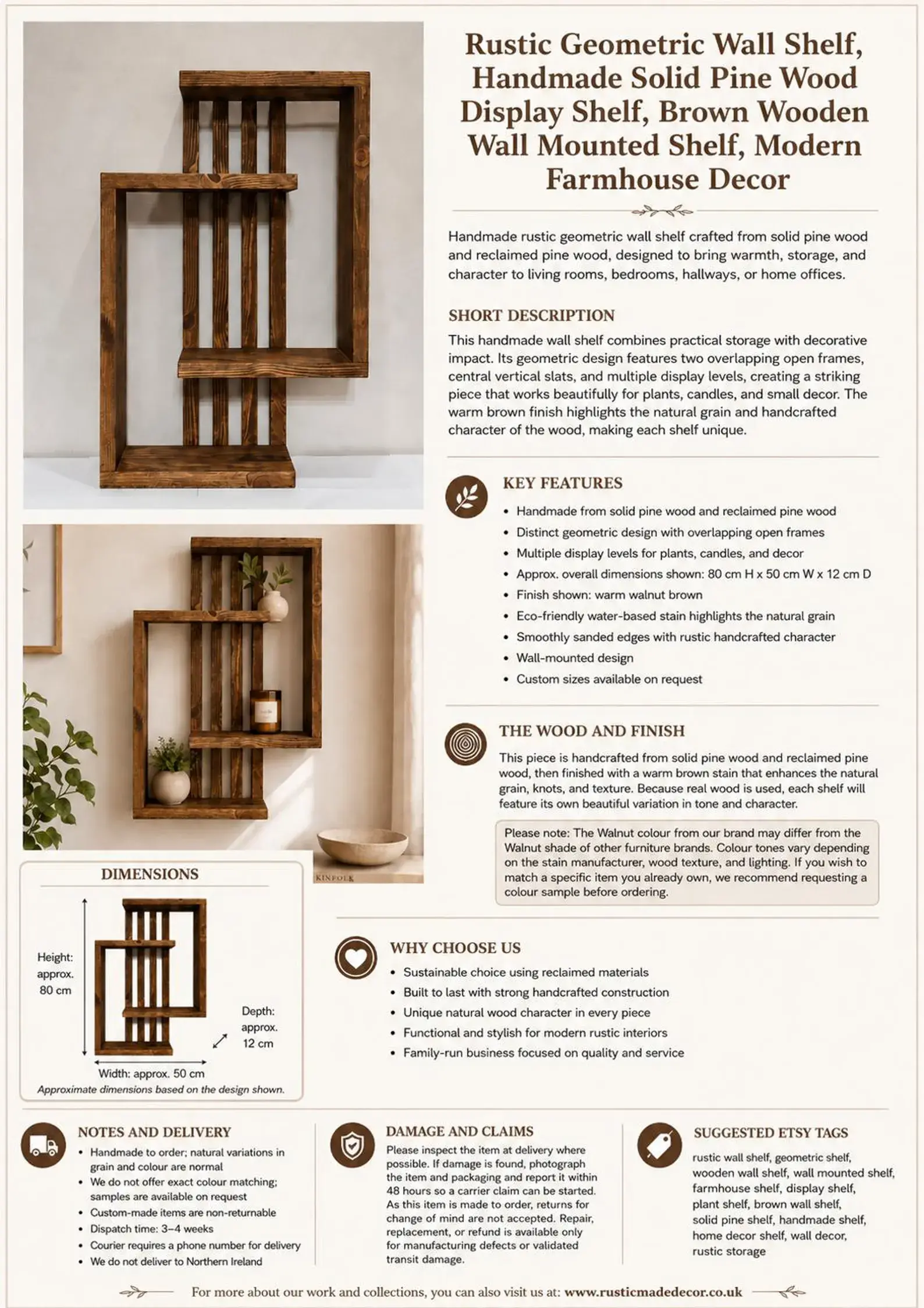 Rustic geometric wall shelf dimensions 80 cm high by 50 cm wide