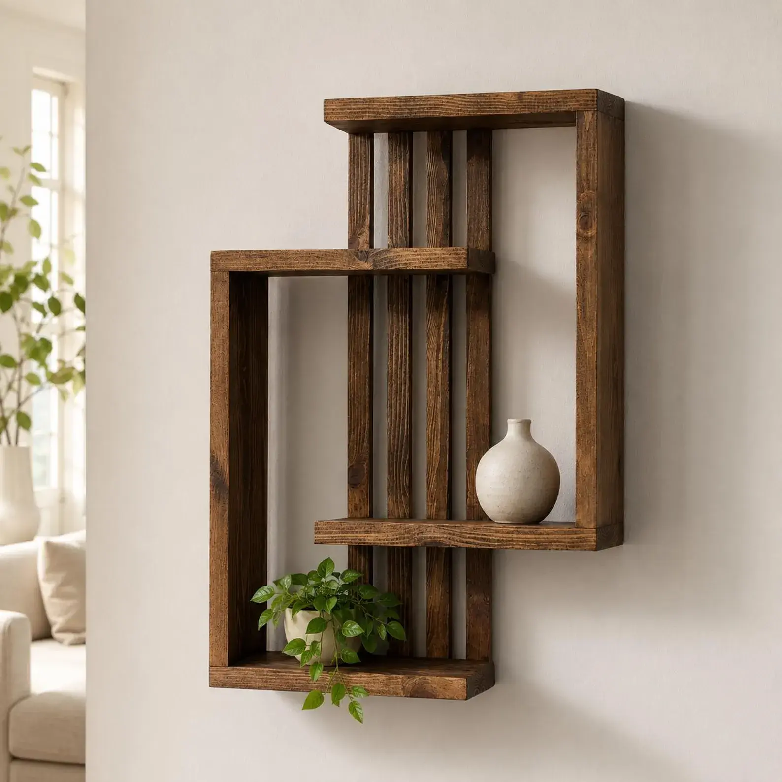 Handmade dark brown pine display shelf with a plant and ceramic vase