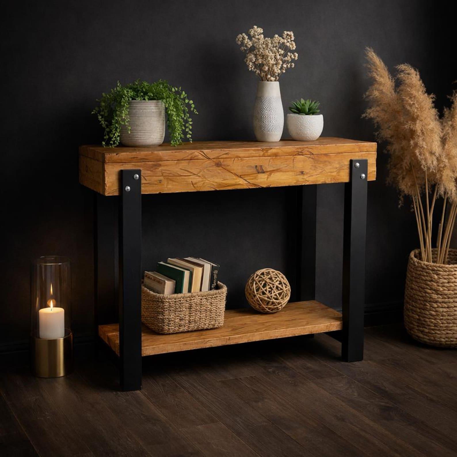 Styled solid pine entryway console with wooden legs and home decor