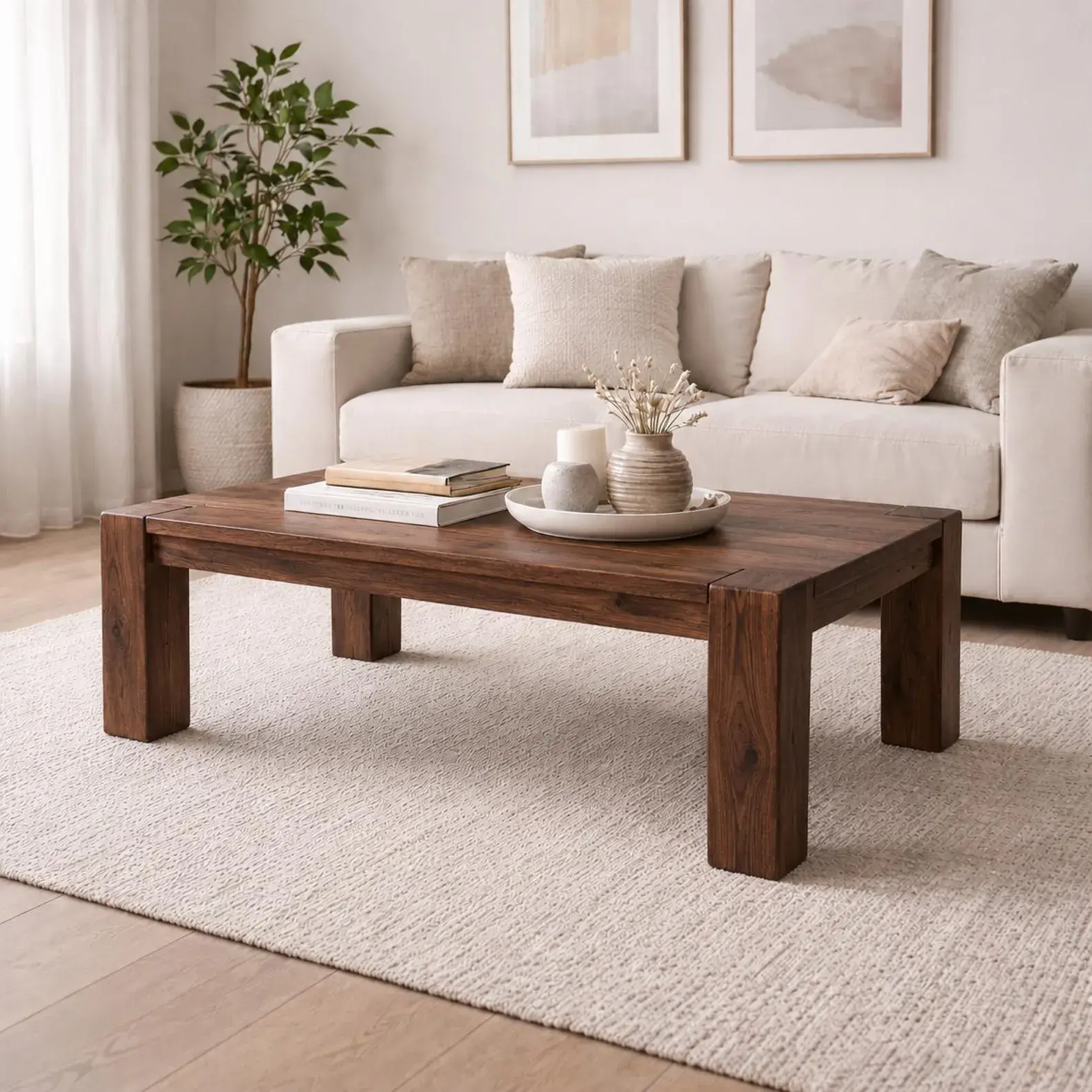 Handmade solid walnut coffee table showing the thick hardwood top