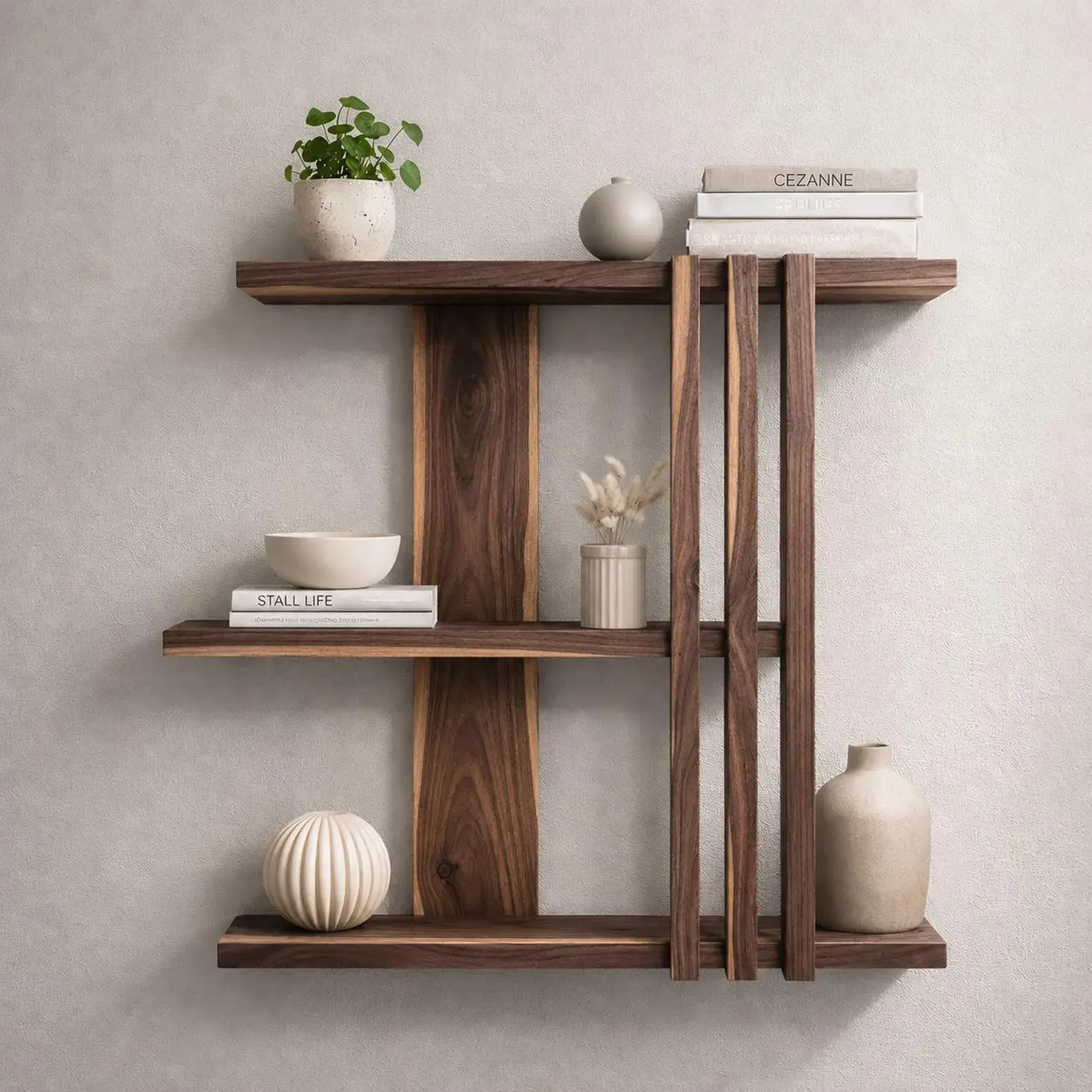 Handmade dark walnut wall shelf with three horizontal display tiers