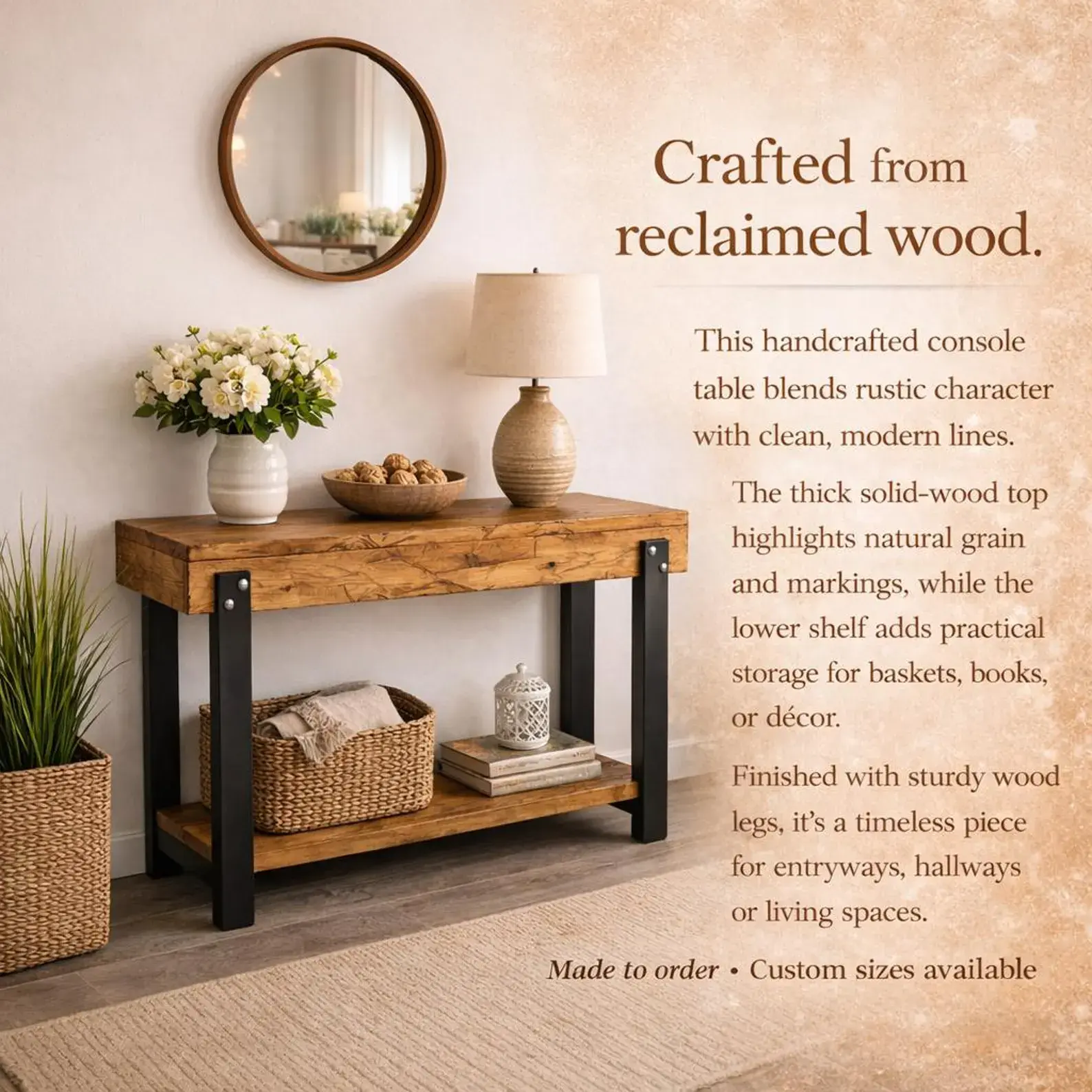 Rustic pine hallway console made entirely from wood including the legs