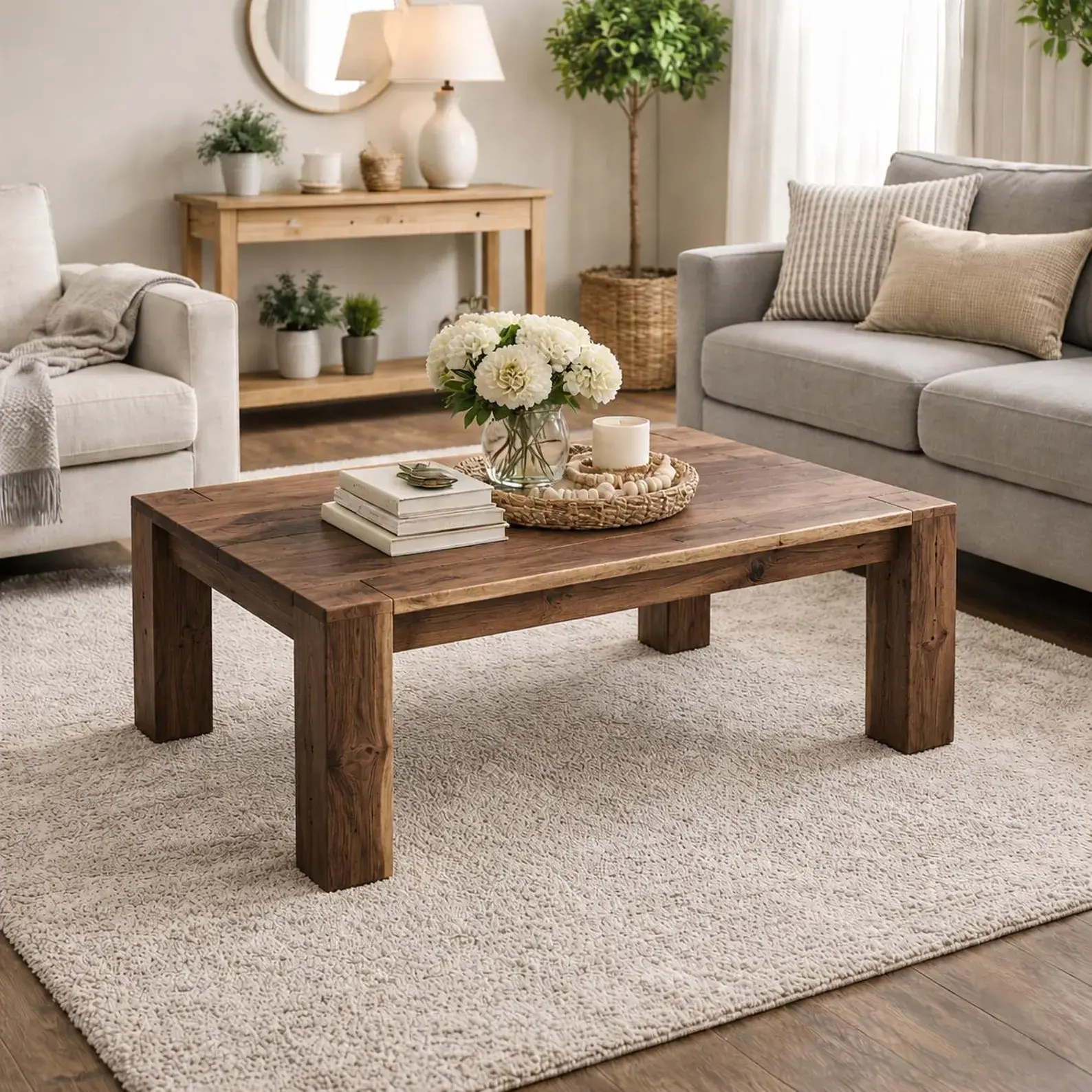 Solid walnut coffee table with chunky square legs in a styled living room