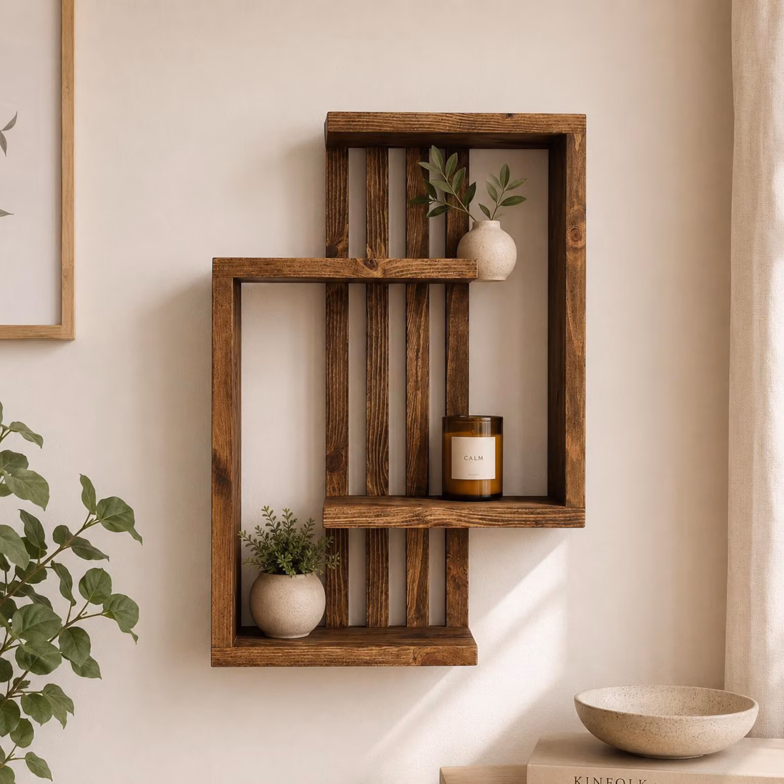 Rustic geometric solid pine wall shelf styled with natural home decor
