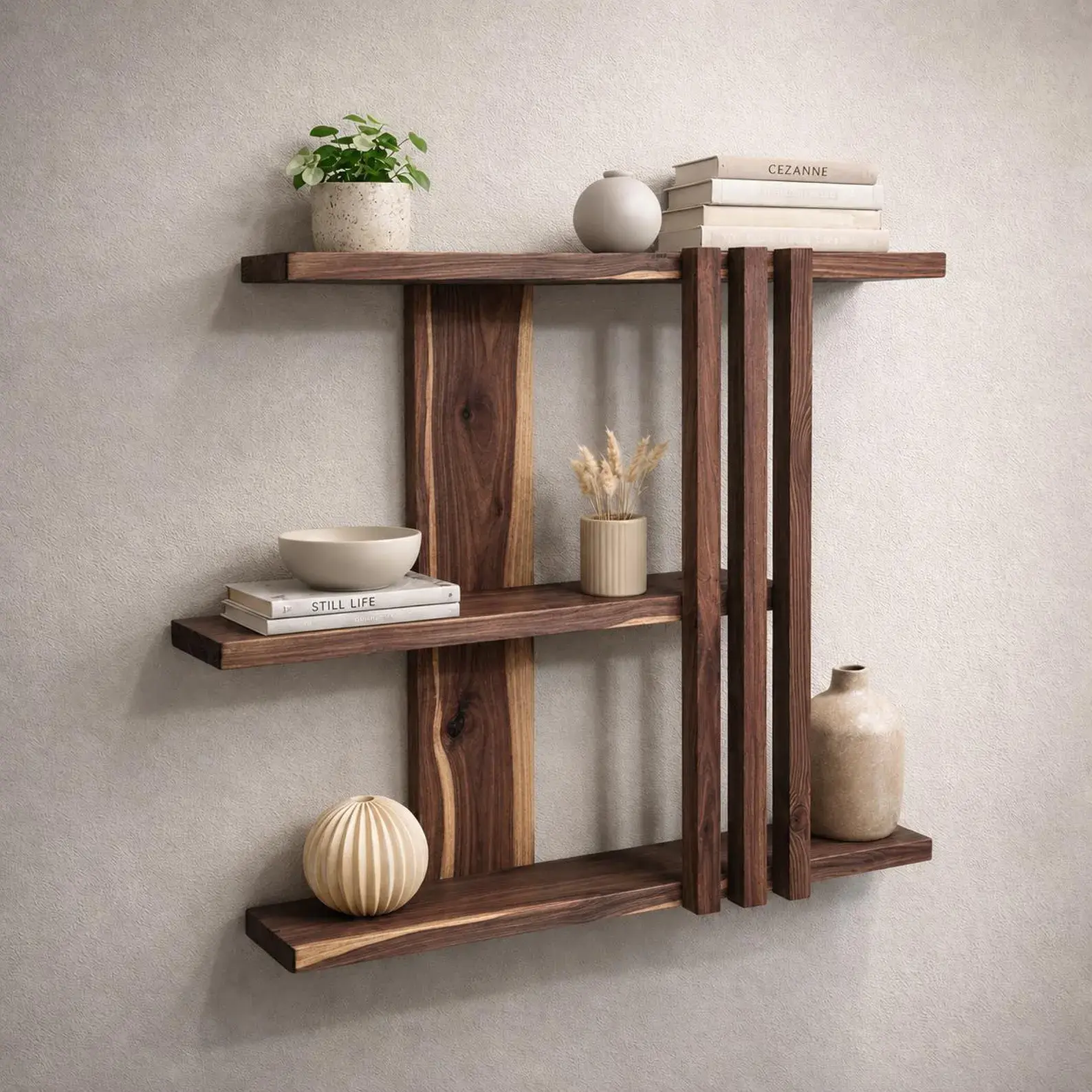 Solid walnut geometric wall shelf styled with plants books and ceramics