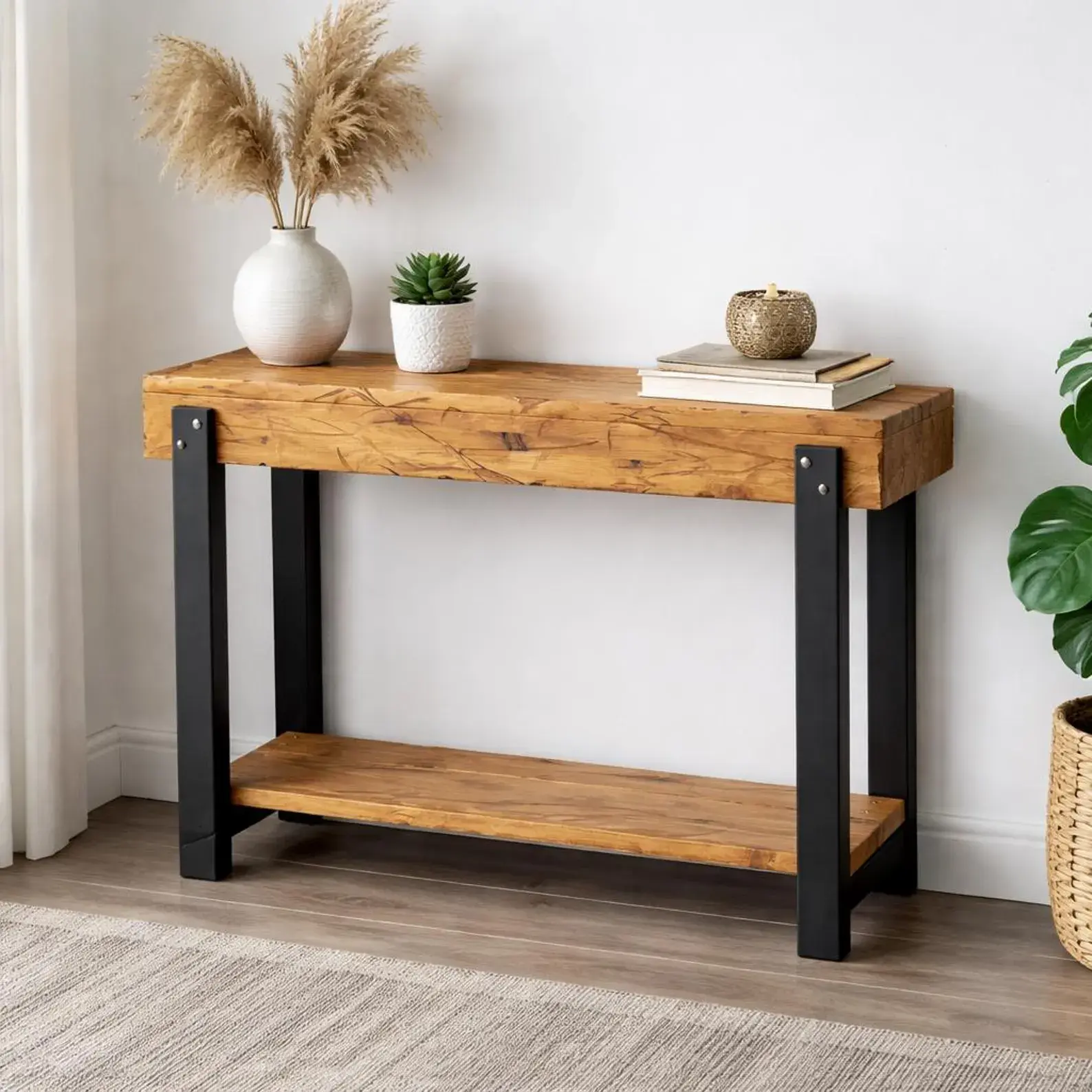 All-wood solid pine console table with lower shelf and dark-stained timber legs