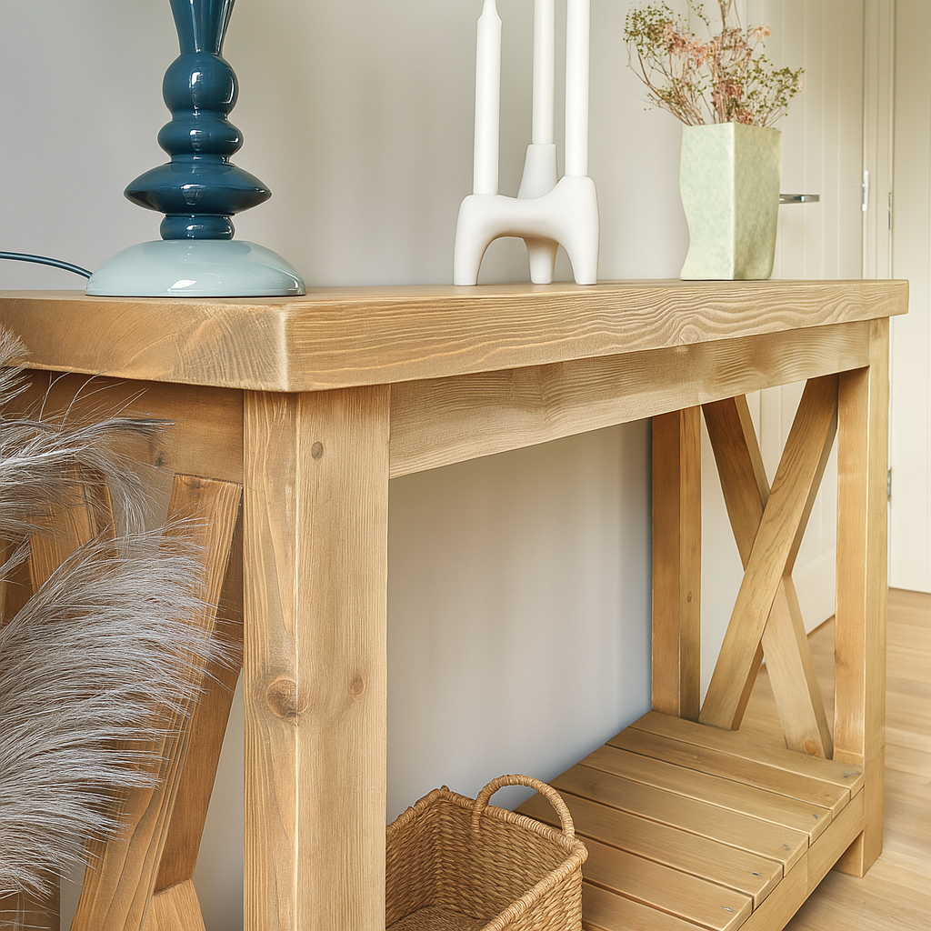 Rustic farmhouse console table with X-frame side detail
