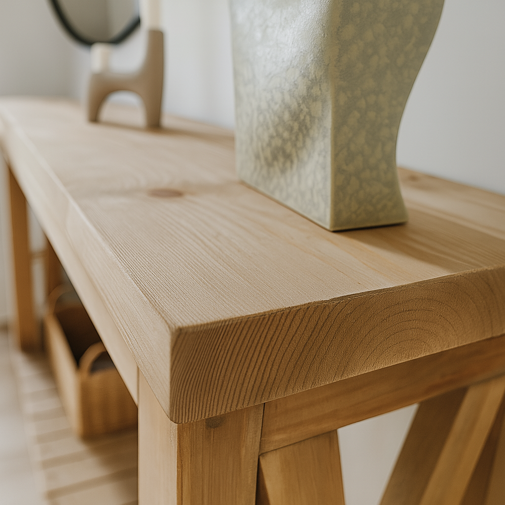 Detailed view of handmade solid pine console table surface and finish