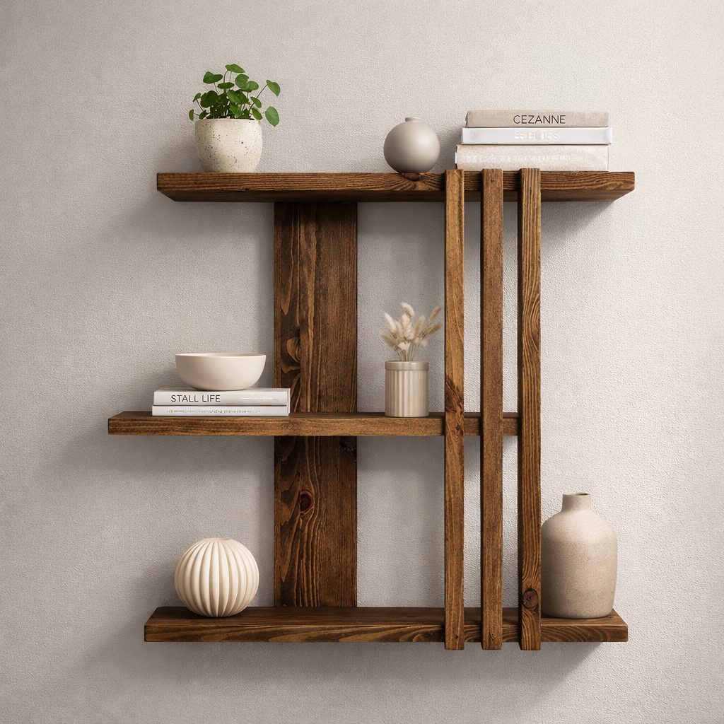 Rustic wall shelf in solid pine wood with geometric vertical slat design