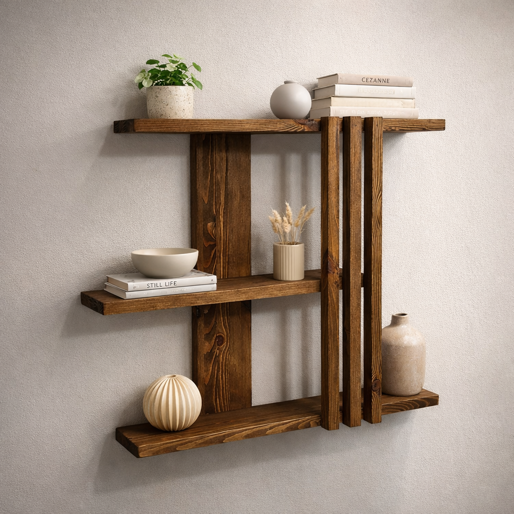 Rustic wall shelf in solid pine wood with geometric vertical slat design side view