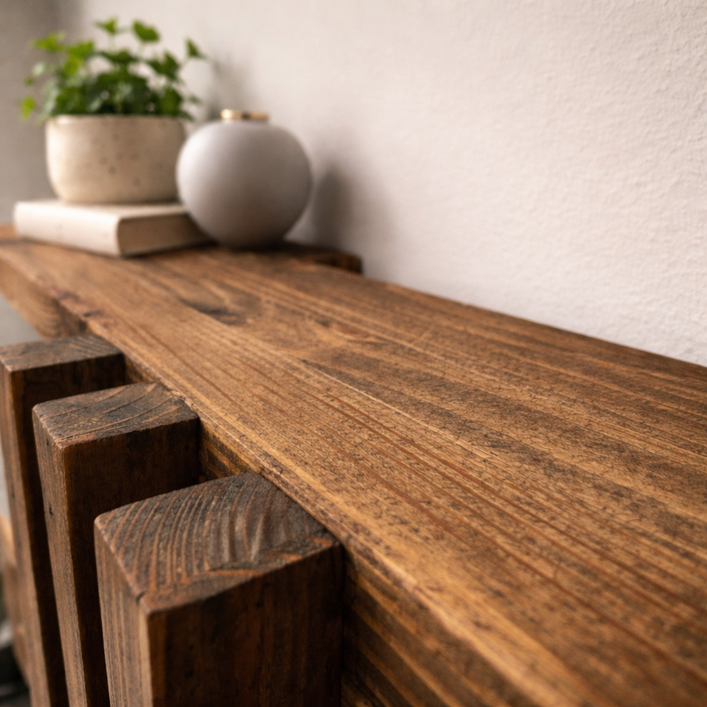 Close-up of dark oak solid pine wall shelf surface and wood grain texture