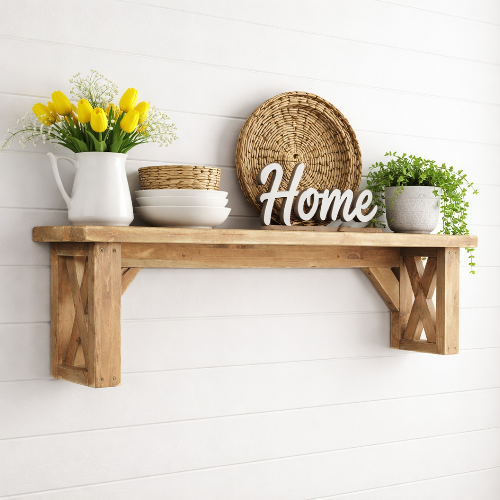 Rustic solid pine wall shelf with X brackets and farmhouse decor styling