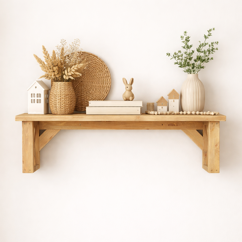 Handmade farmhouse wall shelf in solid pine wood with decorative accessories