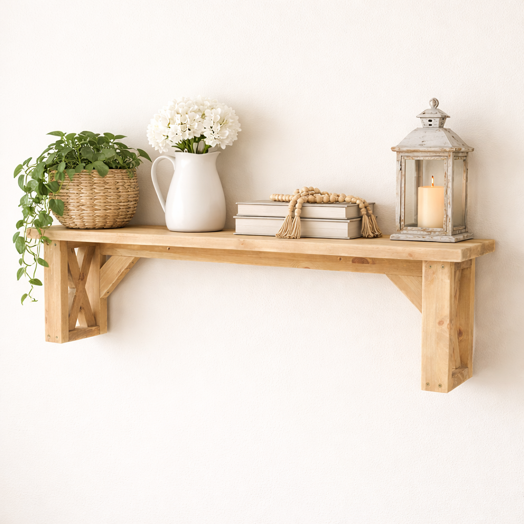 Rustic floating wall shelf in solid pine wood styled for farmhouse interiors