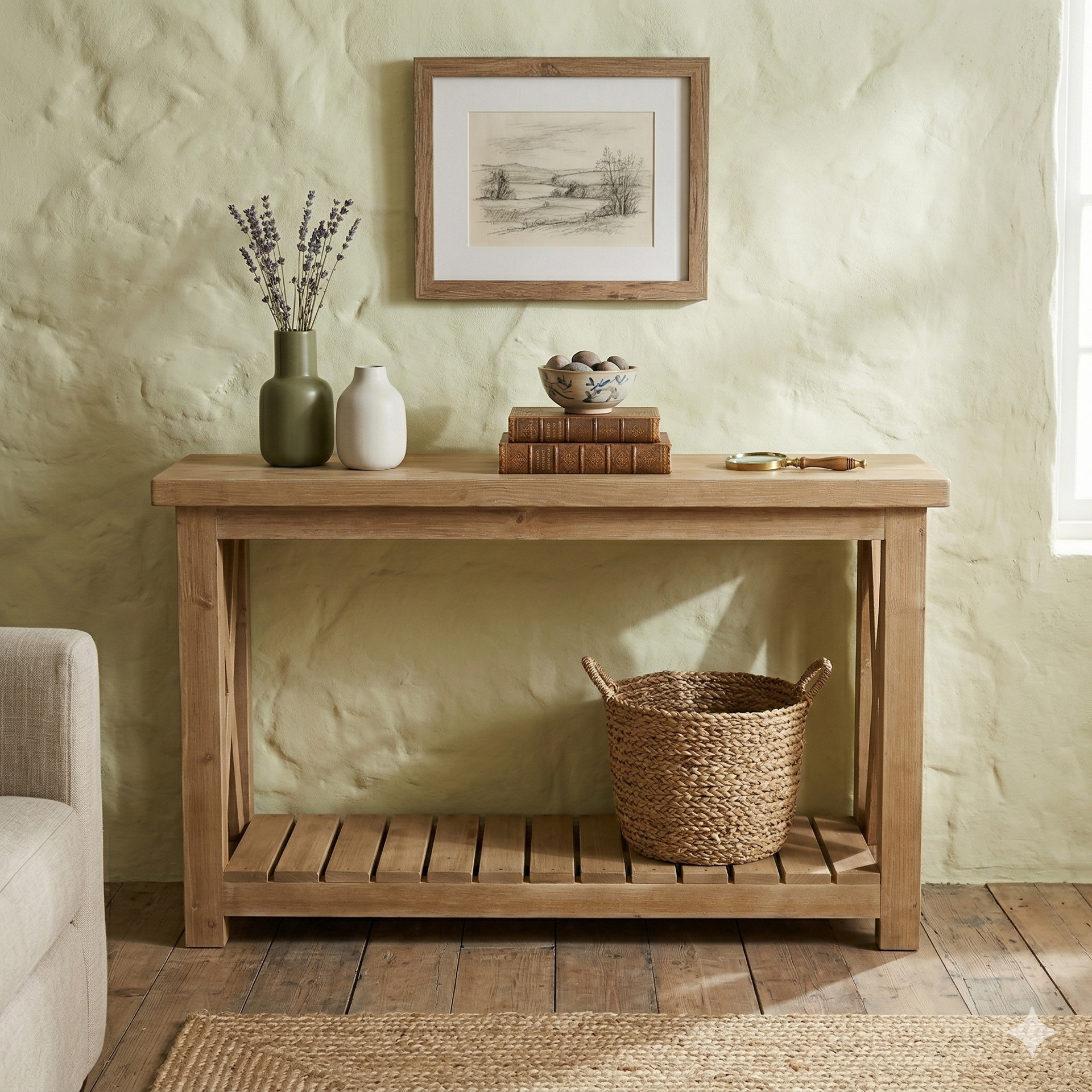 Rustic console table in solid pine wood with lower slatted shelf
