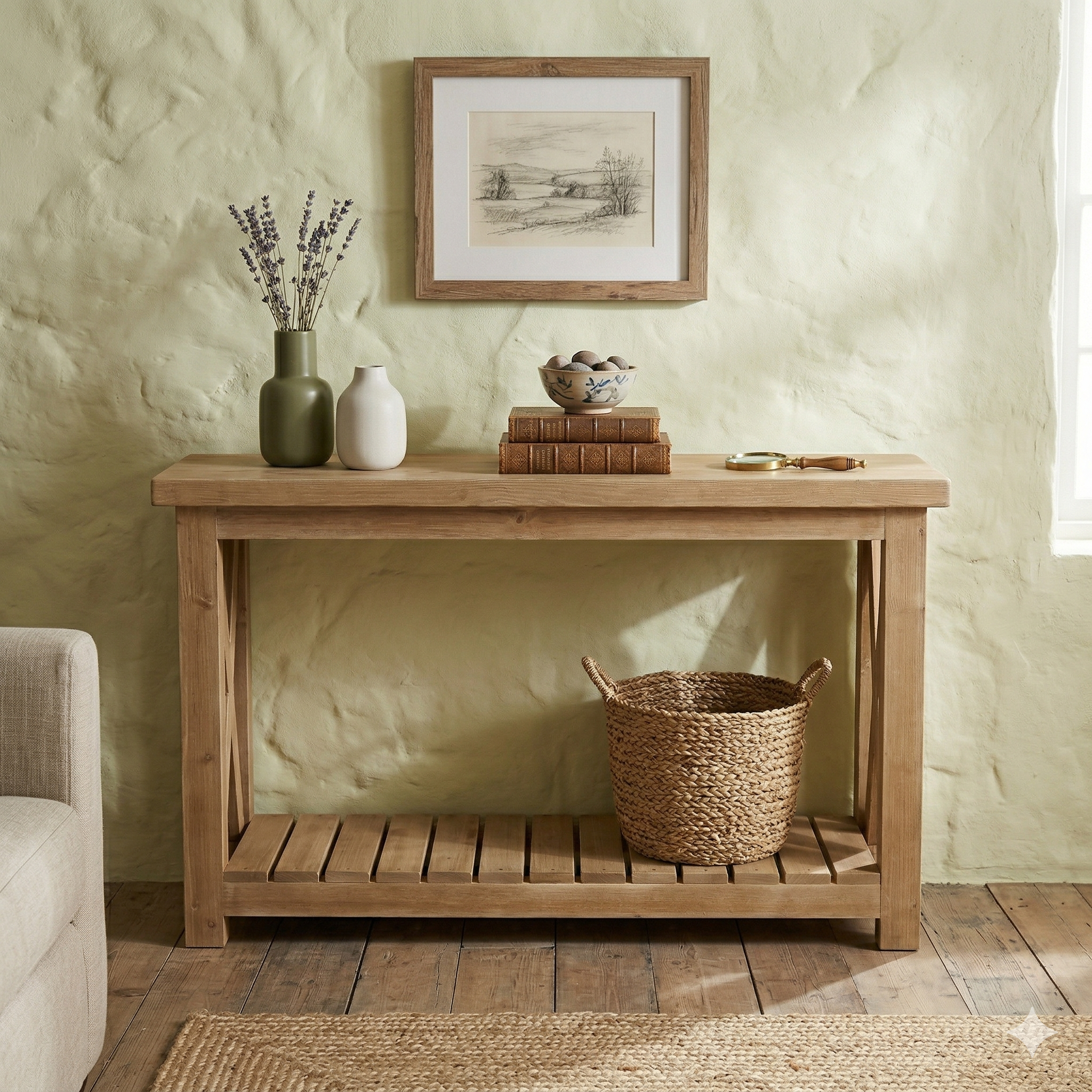 Rustic console table in solid pine wood with lower slatted shelf