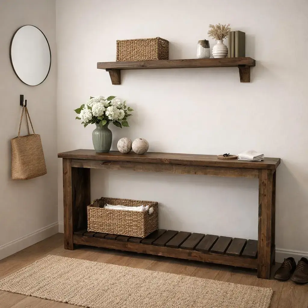 Rustic console table with shelf in solid pine wood styled in farmhouse hallway