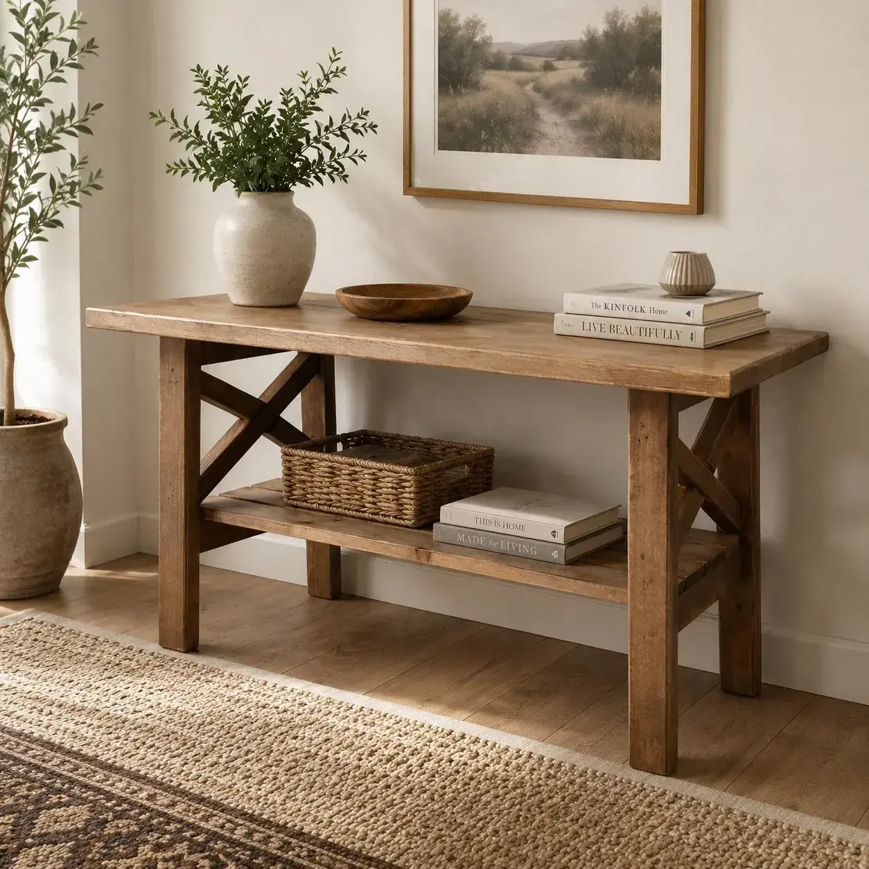 Handmade 65 cm high rustic console table styled in a warm hallway interior