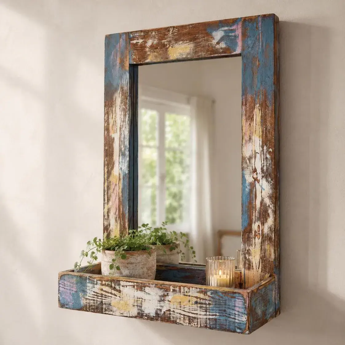Rustic reclaimed pine wall mirror with lower shelf in a styled hallway