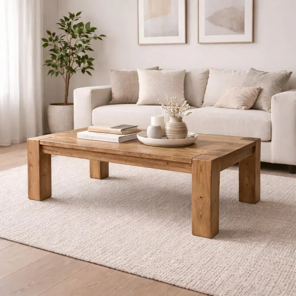 Rustic solid pine farmhouse coffee table styled in a warm living room