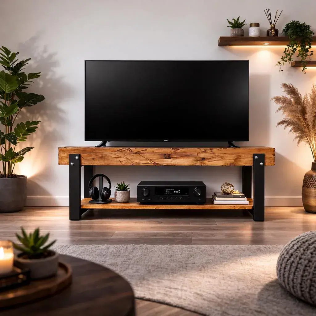 Rustic solid pine TV stand with open shelf styled beneath a television