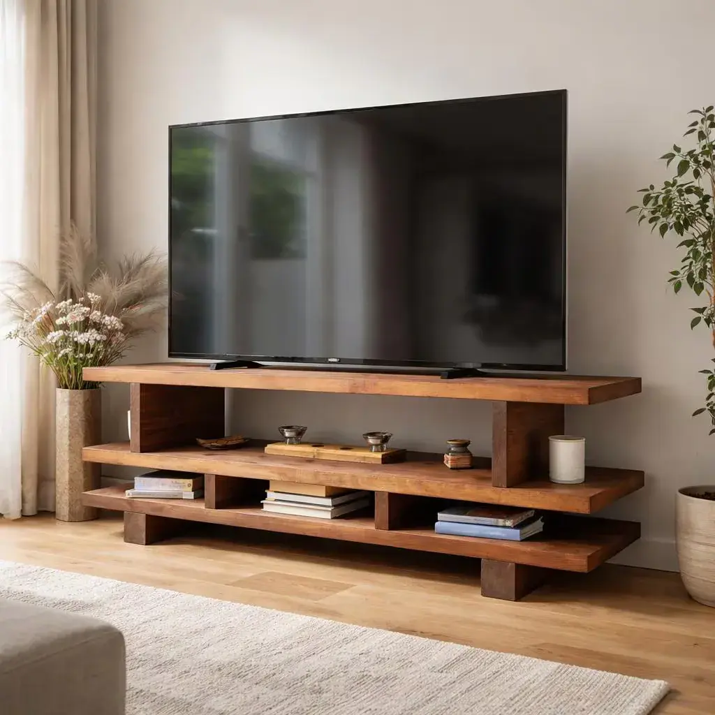 Solid pine farmhouse TV stand with open media storage in Walnut finish