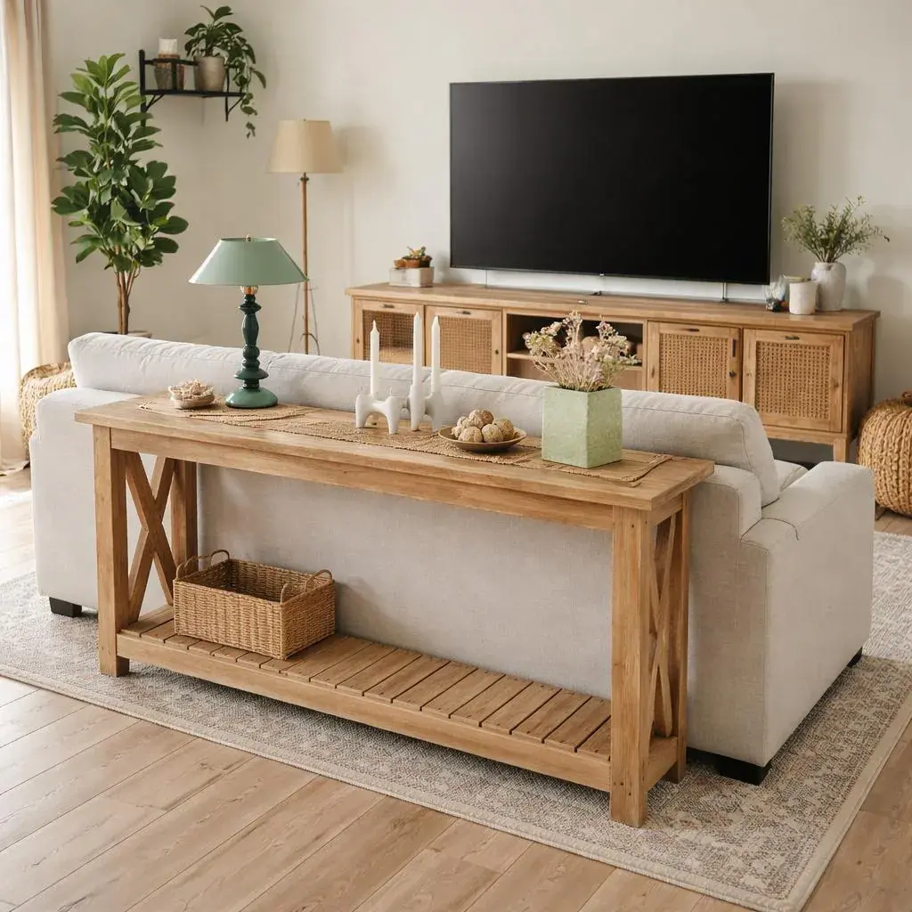 Solid pine sofa console table with lower shelf styled in a living room
